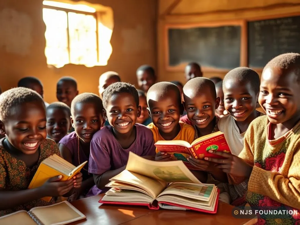 Children reading together in a classroom in New Juaben