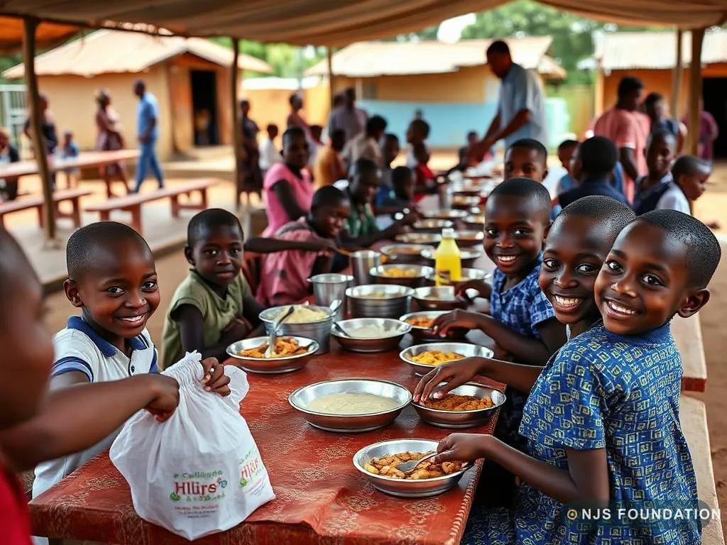 Volunteers serving hot meals to children and elders