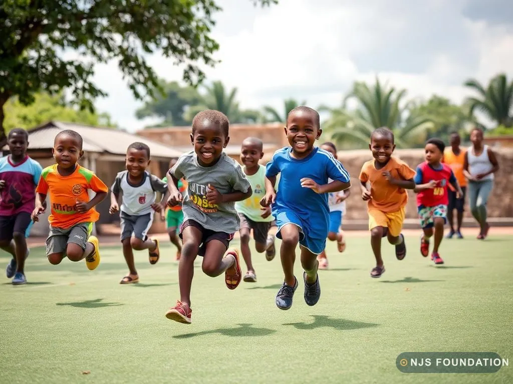 Children playing football together on an open field